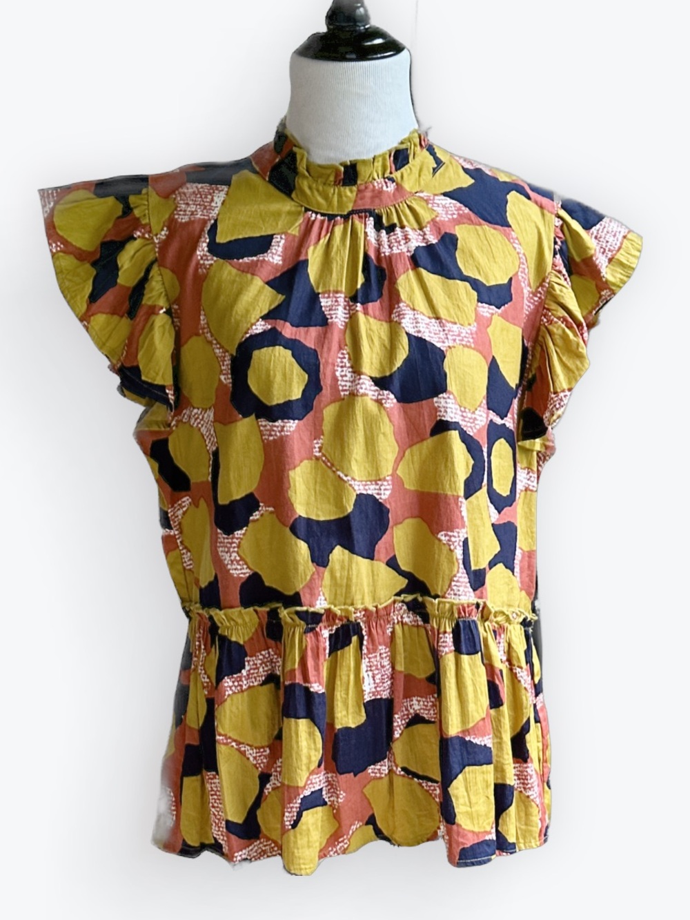 Modern Bohemian Whimsical Ruffled Artisan Spotted Cinched Waist Peplum Top ~ L - Picture 9 of 12